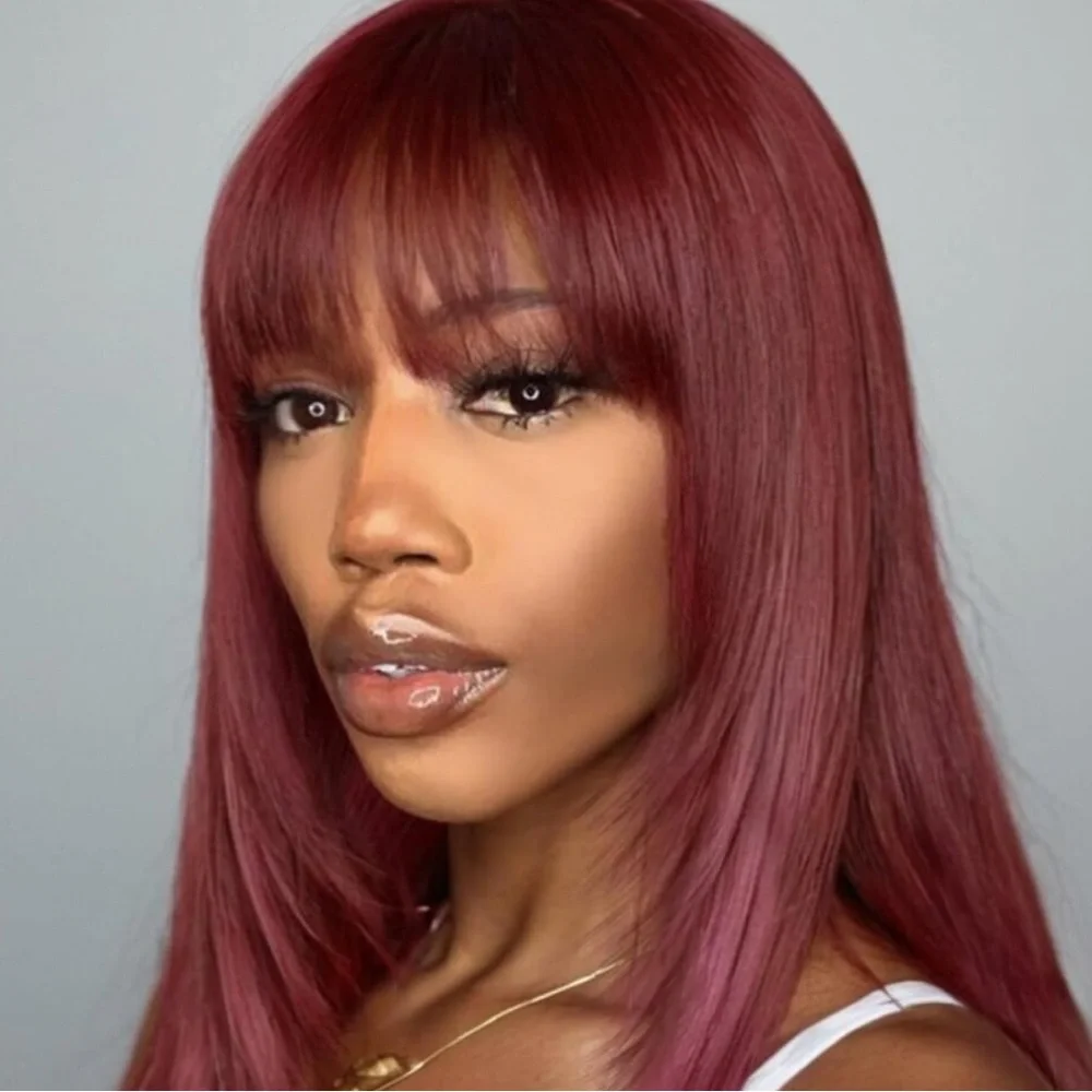 Straight Layered Wigs with Bangs Glueless Burgundy Color Wig 22 Inch Put On&Go!